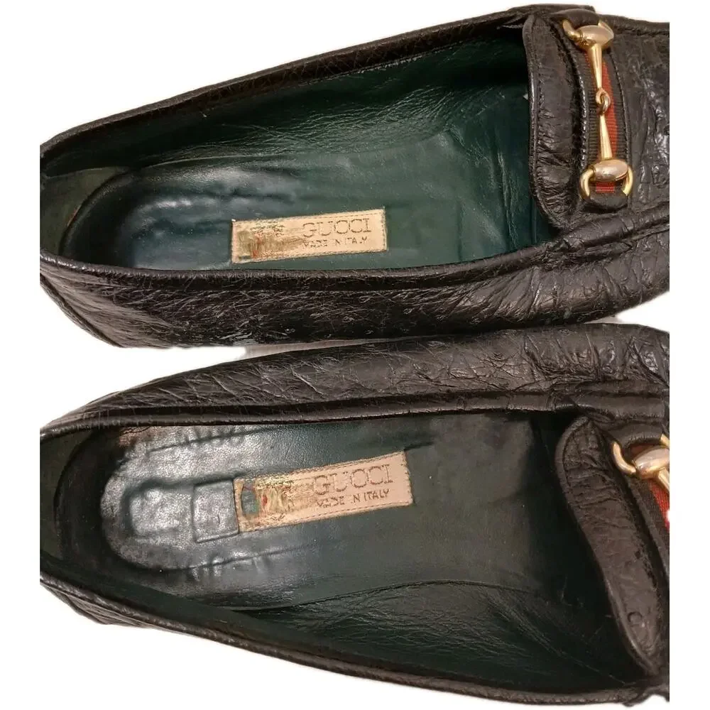 Gucci Horse Bit Loafers Flat‎ Shoes 36 Black Leather Equestrian Red Green Ribbon